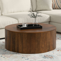 Round Coffee Table, 36-Inch, Solid Mango Wood with Drum Base