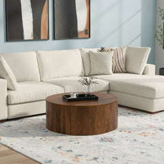 Round Coffee Table, 36-Inch, Solid Mango Wood with Drum Base