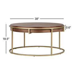 Round Coffee Table, 38 In Diameter, Brown Top with Champagne Silver Base