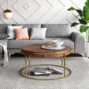 Round Coffee Table, 38 In Diameter, Brown Top with Champagne Silver Base