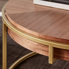 Round Coffee Table, 38 In Diameter, Brown Top with Champagne Silver Base
