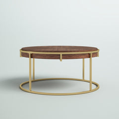 Round Coffee Table, 38 In Diameter, Brown Top with Champagne Silver Base