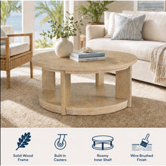 Round Coffee Table, 40 in Wide, Tan with Oak Veneer Top