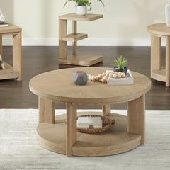 Round Coffee Table, 40 in Wide, Tan with Oak Veneer Top