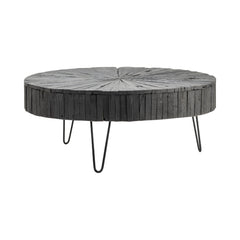 Round Coffee Table, 42 In Wide, Black Solid Wood with Hairpin Legs