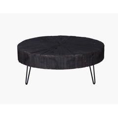 Round Coffee Table, 42 In Wide, Black Solid Wood with Hairpin Legs