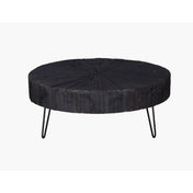 Round Coffee Table, 42 In Wide, Black Solid Wood with Hairpin Legs