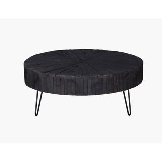 Round Coffee Table, 42 In Wide, Black Solid Wood with Hairpin Legs