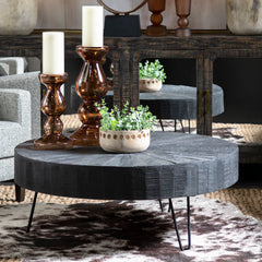 Round Coffee Table, 42 In Wide, Black Solid Wood with Hairpin Legs