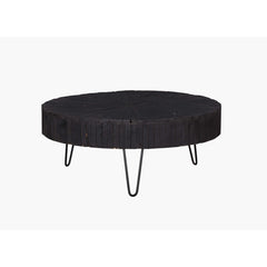 Round Coffee Table, 42 In Wide, Black Solid Wood with Hairpin Legs