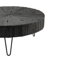 Round Coffee Table, 42 In Wide, Black Solid Wood with Hairpin Legs