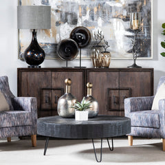 Round Coffee Table, 42 In Wide, Black Solid Wood with Hairpin Legs