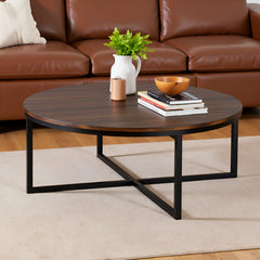 Round Coffee Table, Antiqued Mocha Acacia Top with Black Steel Base