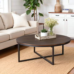 Round Coffee Table, Antiqued Mocha Acacia Top with Black Steel Base