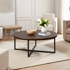 Round Coffee Table, Antiqued Mocha Acacia Top with Black Steel Base