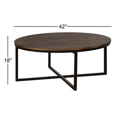Round Coffee Table, Antiqued Mocha Acacia Top with Black Steel Base