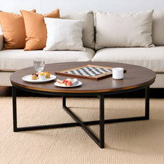 Round Coffee Table, Antiqued Mocha Acacia Top with Black Steel Base