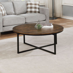 Round Coffee Table, Antiqued Mocha Acacia Top with Black Steel Base