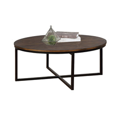 Round Coffee Table, Antiqued Mocha Acacia Top with Black Steel Base