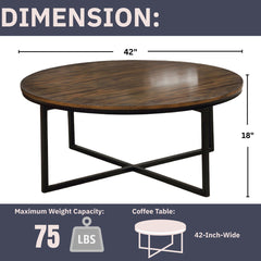 Round Coffee Table, Antiqued Mocha Acacia Top with Black Steel Base