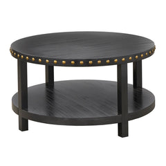 Round Coffee Table, Black Solid and Manufactured Wood with Antique Brass Nailhead Trim