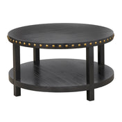 Round Coffee Table, Black Solid and Manufactured Wood with Antique Brass Nailhead Trim