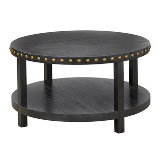 Round Coffee Table, Black Solid and Manufactured Wood with Antique Brass Nailhead Trim
