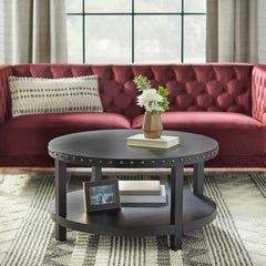 Round Coffee Table, Black Solid and Manufactured Wood with Antique Brass Nailhead Trim