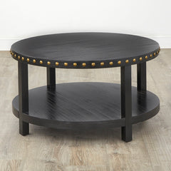Round Coffee Table, Black Solid and Manufactured Wood with Antique Brass Nailhead Trim