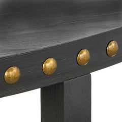 Round Coffee Table, Black Solid and Manufactured Wood with Antique Brass Nailhead Trim