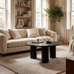 Round Coffee Table, Black Stone Top with Solid Wood Legs