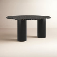 Round Coffee Table, Black Stone Top with Solid Wood Legs
