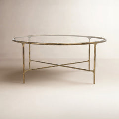 Round Coffee Table, Clear Glass Top with Brass Iron Base