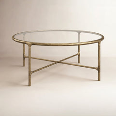 Round Coffee Table, Clear Glass Top with Brass Iron Base