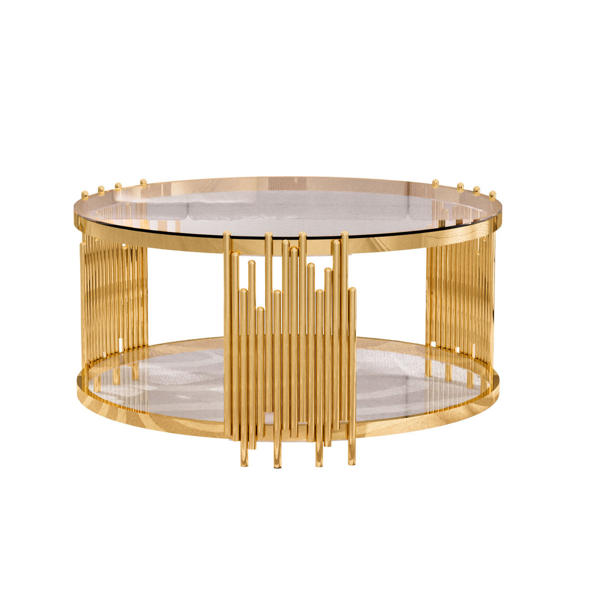 Round Coffee Table, Clear Tempered Glass Top, Gold Stainless Steel Base