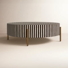 Round Coffee Table in Black and White Camel Bone Resin with Iron Base