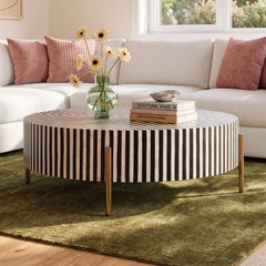 Round Coffee Table in Black and White Camel Bone Resin with Iron Base