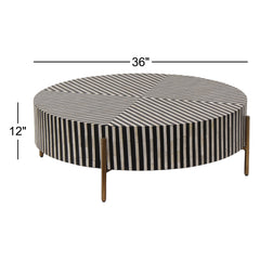 Round Coffee Table in Black and White Camel Bone Resin with Iron Base