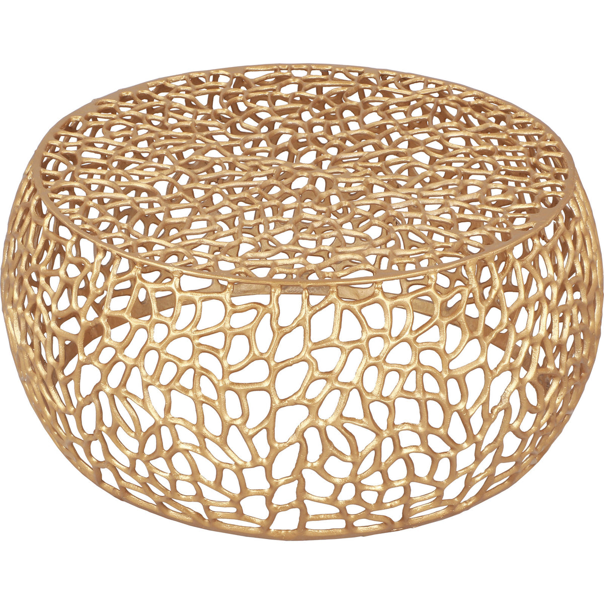Round Coffee Table in Gold Woven Aluminum with Drum Base