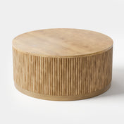 Round Coffee Table in Natural Solid Wood with Fluted Drum Base