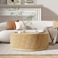 Round Coffee Table in Natural Solid Wood with Fluted Drum Base