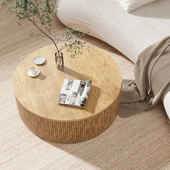 Round Coffee Table in Natural Solid Wood with Fluted Drum Base