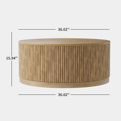 Round Coffee Table in Natural Solid Wood with Fluted Drum Base
