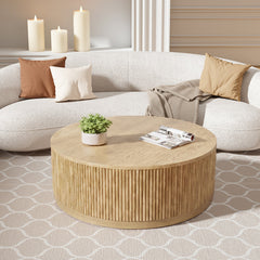 Round Coffee Table in Natural Solid Wood with Fluted Drum Base