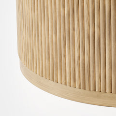Round Coffee Table in Natural Solid Wood with Fluted Drum Base
