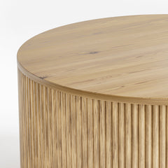 Round Coffee Table in Natural Solid Wood with Fluted Drum Base
