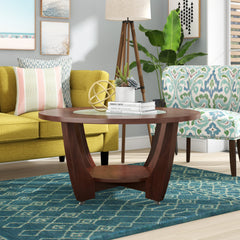Round Coffee Table, Mirrored Glass Top, Cherry Solid Wood Base, Casters