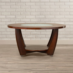 Round Coffee Table, Mirrored Glass Top, Cherry Solid Wood Base, Casters