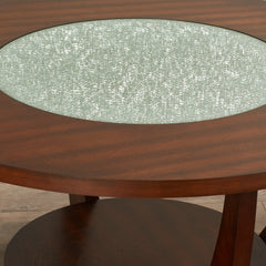 Round Coffee Table, Mirrored Glass Top, Cherry Solid Wood Base, Casters