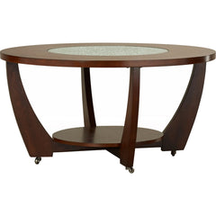 Round Coffee Table, Mirrored Glass Top, Cherry Solid Wood Base, Casters